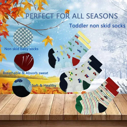 Miniatura 6 de Tphon Calcetines para niños pequeños con empuñaduras, 12 pares de calcetines antideslizantes de algodón para niños y niñas de 1 a 7 años