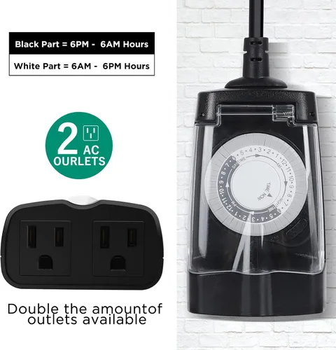 Miniatura 2 de G-Homa Temporizador mecánico de 24 horas para exteriores, temporizador para exteriores para luces, resistente al agua, 2 salidas a tierra, 15 A 1/2