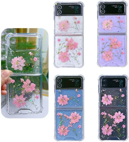 Miniatura 2 de Abbery Funda transparente para Samsung Galaxy Z Flip 3 5G, transparente y con diseño de purpurina bonita con purpurina floral prensada de Rosa