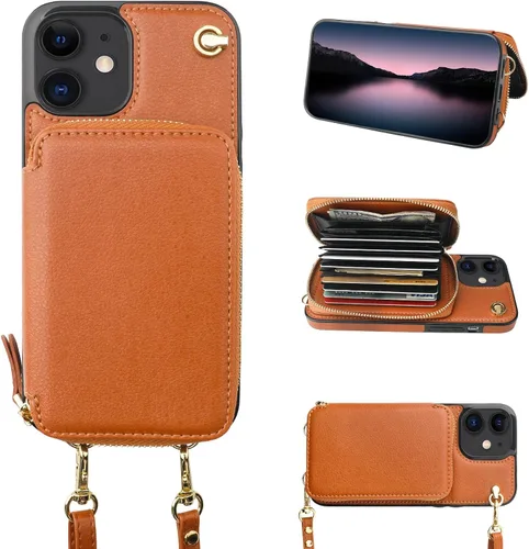 Miniatura 14 de Bocasal Funda tipo cartera cruzada para iPhone 12/12 Pro, funda de piel con bloqueo RFID y soporte para tarjetas, funda protectora con cremallera