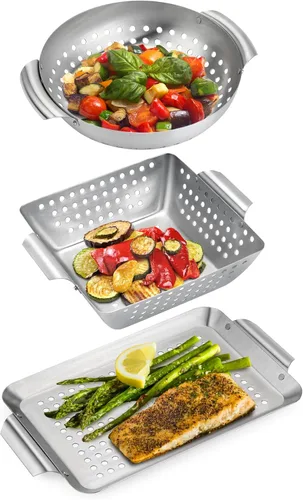 Onlyfire - Paquete de 3 cestas para parrilla, canastas de acero inoxidable perforadas para parrilla de verduras, juego de 3 cestas para parrilla,