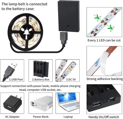 Miniatura 5 de Tira de luz LED USB de 6500 K con caja de batería, tira de luces blancas de luz diurna de 16.4 pies para debajo del gabinete, cortables