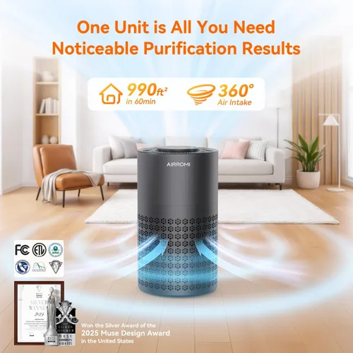 Miniatura 2 de Purificador de aire AIRROMI para dormitorio con filtro HEPA 3-en-1, purificador de aire para mascotas para el olor a orina de gato en el hogar, Negro