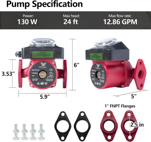 Miniatura 2 de WiseWater Bomba de circulación de 110 V con temporizador 130 W 12.68 GPM Bomba de recirculación de agua caliente con brida FNPT de 1 pulgada bomba