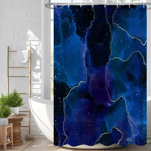 Miniatura 45 de Cortina de ducha abstracta de mármol negro gris y dorado con grietas, cortina de baño moderna ombre impresa, cortina impermeable y lavable de tela