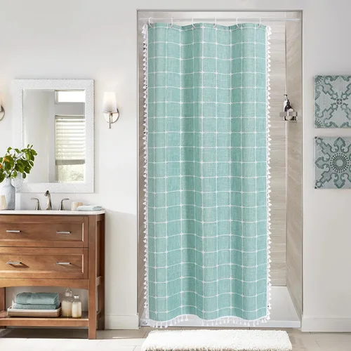 Miniatura 30 de MitoVilla Juego de cortinas de ducha estilo bohemio, modernas cortinas de ducha bohemias para decoración de baño, cortina de ducha de tela de lino