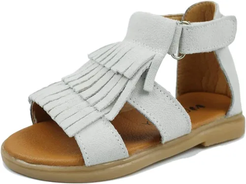 Muy Guay Sandalias de cuero genuino para niñas pequeñas, sandalias de borlas blancas para verano, zapatos planos para caminar con suela de goma