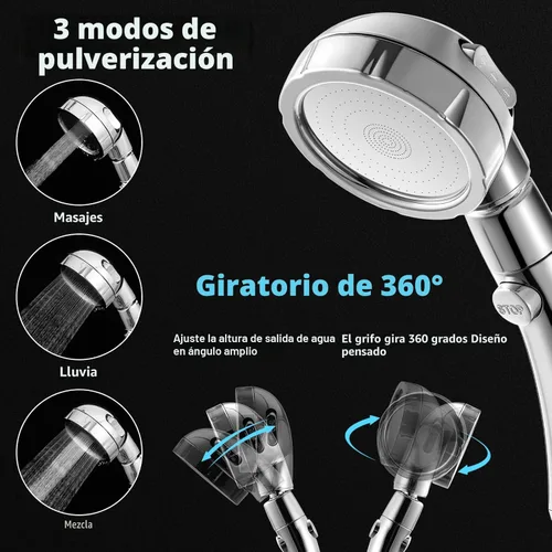 Miniatura 2 de Marbrasse Cabezal de ducha de alta presión, cabezal de ducha de mano de 3 ajustes con botón de encendido y apagado completo e interruptor para Cromo