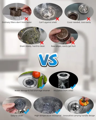 Miniatura 4 de Hibbent - Combo de colador y tapón de drenaje desplegable 3 en 1 para fregadero de cocina, de acero inoxidable, cesta antiobstrucción, con mango