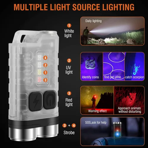 Miniatura 2 de BORUIT V3 pequeña linterna EDC potente con luz roja UV azul - súper brillante recargable mini llavero LED linterna de bolsillo - 10 modos, USB-C