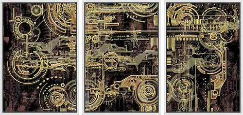 Miniatura 15 de wall26 Lienzo enmarcado para pared, juego de arte futurista amarillo de ciencia ficción y fantasía con ruedas de tren, ilustraciones