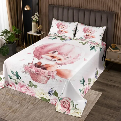 Miniatura 32 de Manfei Lindo pingüino para niños, tamaño individual, juego de colcha de princesa con lazo rosa con globo aerostático, decoración de habitación