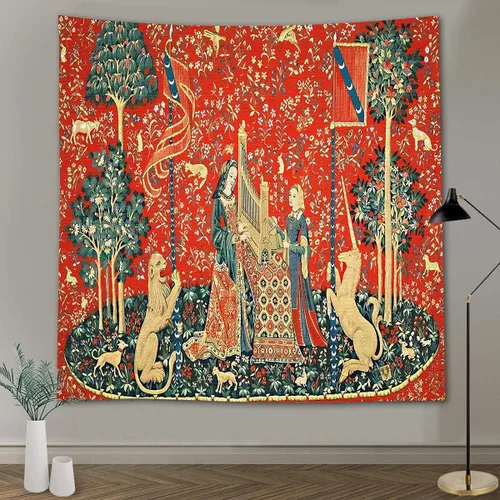 Tapiz Real Medieval Europeo de la Reina Doncella y Unicornio, 90x84 Pulgadas de Flanela Suave, para Colección de Arte Decorativo de Arte de Pared