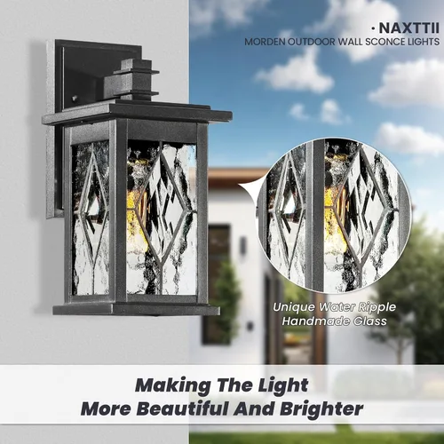 Miniatura 3 de Aplique de pared al aire libre con ondas de agua negro mate, pantalla de vidrio hecha a mano, impermeable, luz de porche al aire libre, montaje