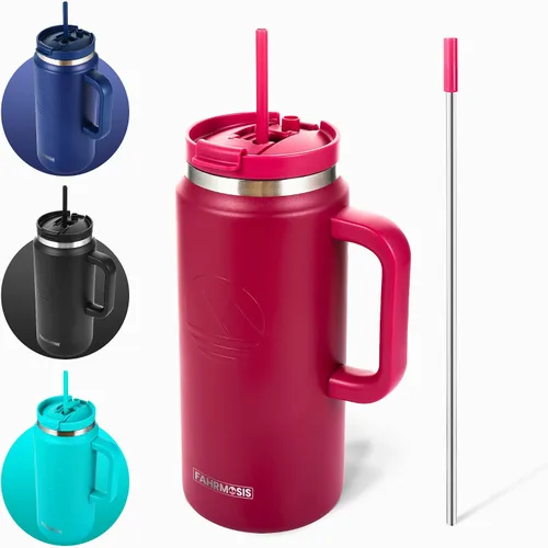 Miniatura 14 de FAHRMOSIS Vaso de 40 onzas con asa y pajita, taza aislada que cabe en el portavasos para bebidas frías y calientes, vaso a prueba de fugas