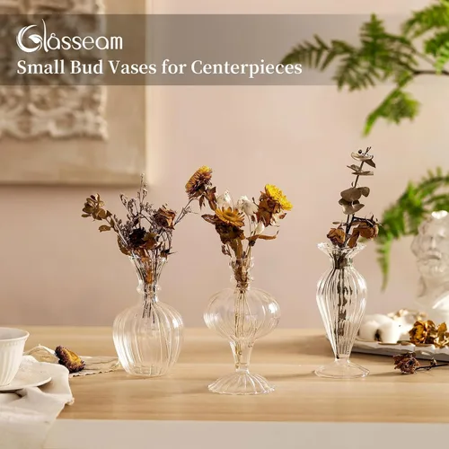 Miniatura 5 de Glasseam Jarrones pequeños de cristal: juego de 3 jarrones transparentes acanalados para flores de rosas individuales, mini centros de mesa modernos