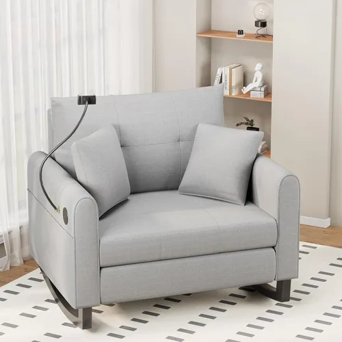 Miniatura 12 de HOMREST Mecedora tapizada para guardería con respaldo alto y bolsillo lateral, puerto USB, sillas mecedoras dobles anchas con patas de madera