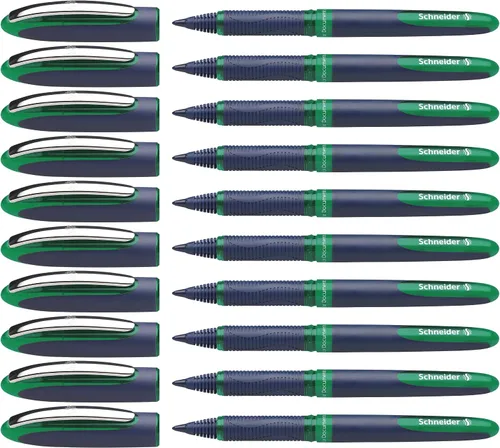 Schneider One Business Bolígrafo Rollerball, Punta Ultra-Suave de 0.6 mm, Barril Azul, Tinta Verde, Caja de 10 Bolígrafos (183004)
