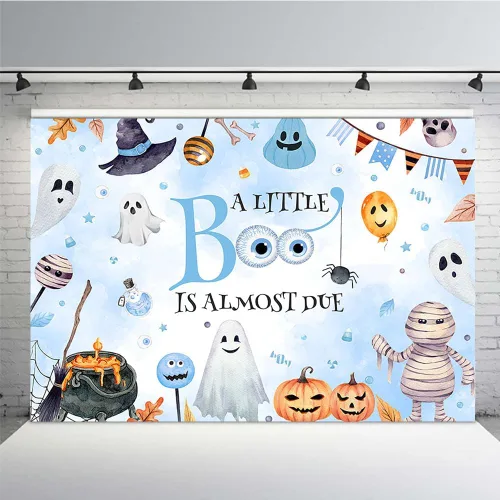 MEHOFOND Telón de fondo de Halloween de 7 x 5 pies con texto en inglés "A Little Boo is Almost Due Pumpkin Photography Background Blue Watercolor
