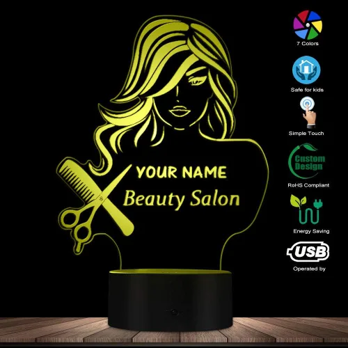 Miniatura 6 de The Geeky Days Salón de belleza 3D LED noche luz peluquería peluquería tijeras peine mesa escritorio lámpara nombre personalizado diseño moderno