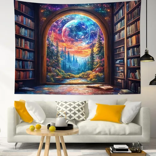 Miniatura 10 de LB Tapiz de cielo nocturno, luna llena en el mar, tapiz para colgar en la pared, tapiz de nube blanca de fantasía, tapiz de acuarela, arte de pared