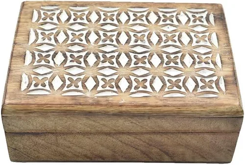 STORE INDYA Caja decorativa de madera tallada a mano con tallado geométrico en la parte superior Caja del tesoro organizador de joyas, caja de