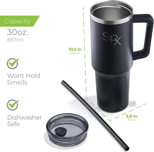 Miniatura 6 de SipX™ Vaso aislado de 30 onzas con asa y pajita, acero inoxidable aislado al vacío, a prueba de fugas, apto para portavasos - Perfecto para café