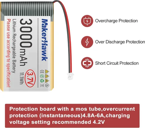Miniatura 6 de MakerHawk Batería LiPo de 3.7 V 3000 mAh recargable de polímero de litio 1S con placa de protección con cinta de goma aislada, enchufe micro JST