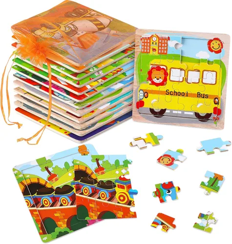 Miniatura 12 de SANNIX Paquete de 12 rompecabezas para niños pequeños, rompecabezas de animales de madera, 9 piezas con 12 bolsas organizadoras para niños de 2, 3