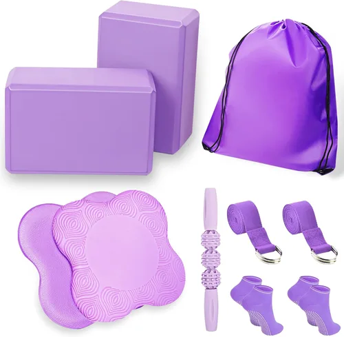 2 bloques de yoga accesorios de apoyo, incluyendo 2 rodilleras, 2 con correa para poner menos peso en las muñecas, 1 rodillo de masaje muscular, 2