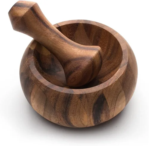 Miniatura 2 de Juego de mortero y mortero de madera de acacia, molinillo de hierbas y especias de 4 x 3 pulgadas, triturador de ajo, molinillo de granos de café