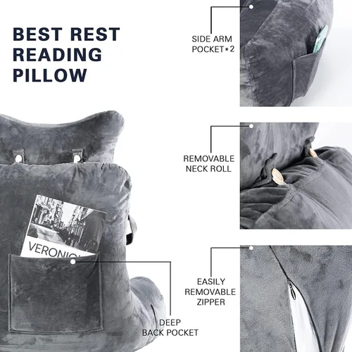 Miniatura 5 de SLIGUY Almohada de lectura, almohada de descanso para cama con rollo de cuello desmontable y brazo de apoyo para sentarse en la cama, sofá o suelo