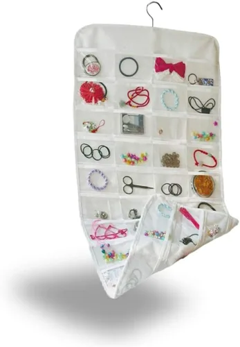 Miniatura 8 de Organizador colgante de doble cara para joyas, soporte para herramientas pequeñas con 80 bolsillos transparentes (negro)