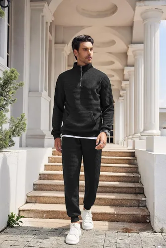 Miniatura 4 de COOFANDY Conjunto deportivo de 2 piezas para hombre, ajuste relajado, con media cremallera, para correr