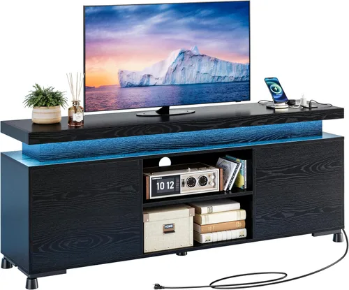 Miniatura 3 de IRONCK Soporte de TV para TV de 65 pulgadas, consola de TV con luces LED y toma de corriente, centro de entretenimiento con armarios y estantes