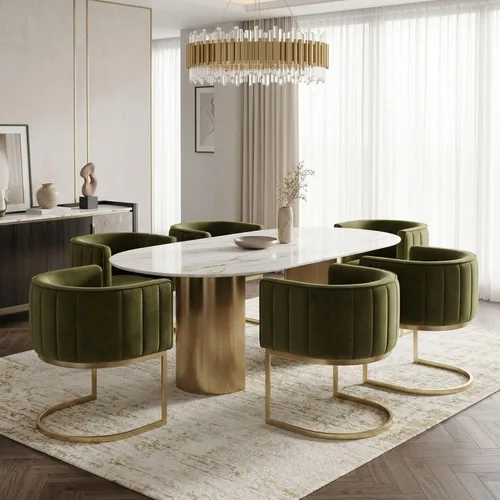 Miniatura 34 de Hyfirm Juego de 2 sillas de comedor de barril beige y dorado, modernas sillas tapizadas de terciopelo con respaldo curvado para isla de cocina