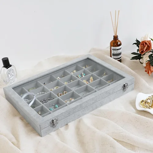 Miniatura 5 de Wudygirl Organizador de joyas de terciopelo con 30 rejillas, caja de joyas, bandeja de joyería con tapa transparente, estuche de almacenamiento