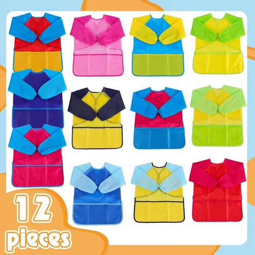 Miniatura 3 de 12 batas de arte para niños pequeños, impermeables, para pintar, delantales coloridos para niños, manga larga con 3 bolsillos espaciosos