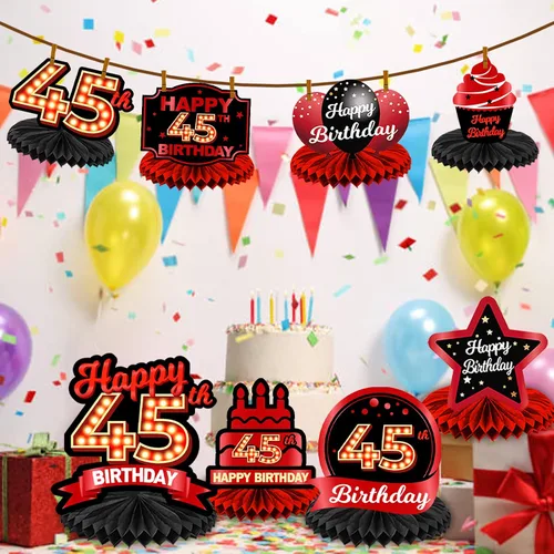 Miniatura 6 de Feliz 45 cumpleaños rojo y negro centros de mesa de panal de abeja decoraciones de globos decoración de mesa centros de mesa para niñas mujeres