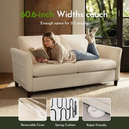 Miniatura 3 de Valthie 61" Corduroy Loveseat Sofa, Modern Comfy Couches with Side Pocket, 2-Seater Sofa Couch for Living Room, Bedroom and Small Spaces,Beige