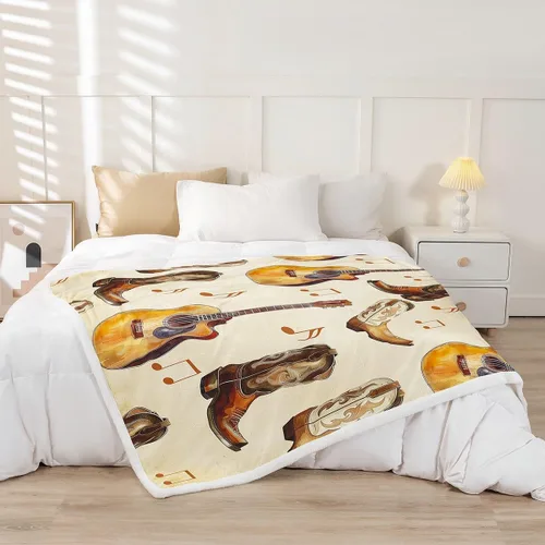 Miniatura 2 de Cowboy Boots Blanket Bohemia Musical Guitar Throw Blanket for Kids Western Rustic Cowgirl Super Soft Wrinkle Sherpa Blanket Music Notes Print 40x50