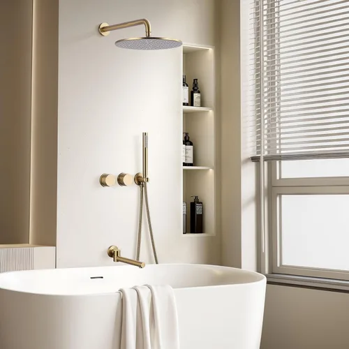 Miniatura 2 de TRUSTMI Sistema de ducha dorado cepillado con boquilla giratoria, juego de ducha de lluvia de 12 pulgadas montado en la pared con válvula desviadora