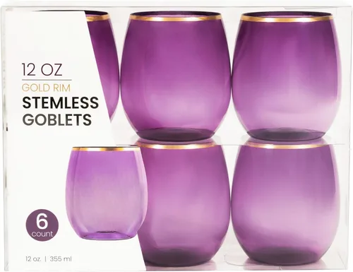 Miniatura 11 de PLASTICPRO Paquete de 12 copas de vino de plástico azules con borde dorado, sin tallo, desechables, de 12 onzas, sin BPA, inastillables, copas