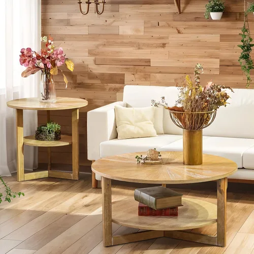 Miniatura 2 de Mesa de café redonda, mesa de café circular de madera de 35" con estante de almacenamiento, mesa central de 2 niveles para sala de estar
