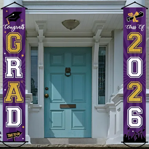 Miniatura 11 de Cartel de graduación 2026, decoraciones de graduación negro y dorado, letrero de porche de clase de 2026, decoración de puerta de felicitaciones