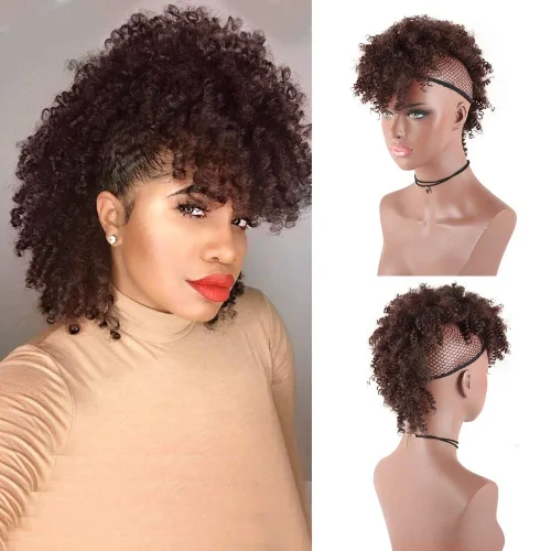 Miniatura 14 de Aisaide Cola de caballo afro Mohawk alta con flequillo sin cordón, extensión de cola de caballo corta rizada sin cordón, clip sintético en moño