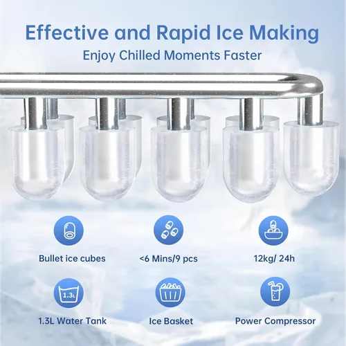 Miniatura 2 de WIE - Máquina de hacer hielo de sobremesa, 26 libras/24H portátil con asa, 9 cubos de hielo en 6 minutos, máquina de hielo compacta autolimpiante