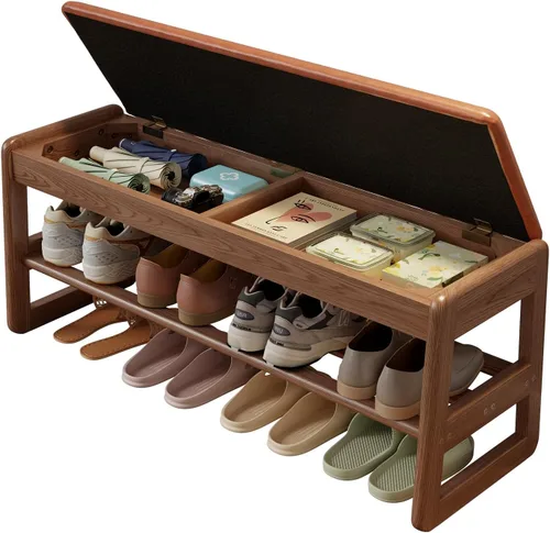 Miniatura 16 de AQIMUELE Banco pequeño para zapatos, banco de zapatos de 2 niveles con almacenamiento con tapa abatible, zapatero de madera para entrada, pasillo