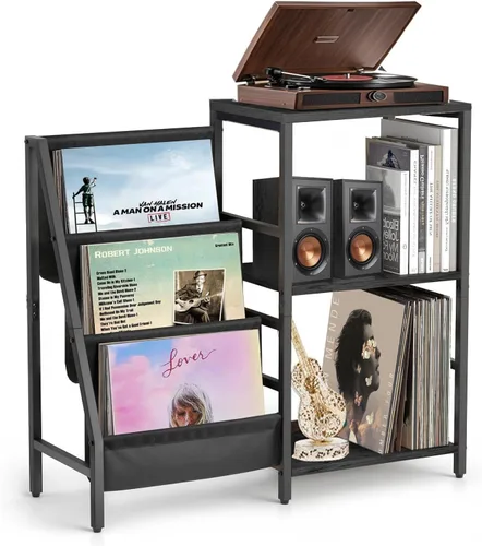 Miniatura 8 de Soporte para tocadiscos, soporte para tocadiscos con almacenamiento de discos de vinilo, soportes para tocadiscos, mesa auxiliar marrón para sala