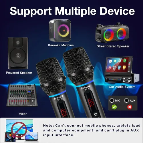 Miniatura 8 de Micrófono inalámbrico recargable UHF para cantar con bolso, micrófono dinámico de mano de metal con receptor, micrófono de karaoke inalámbrico